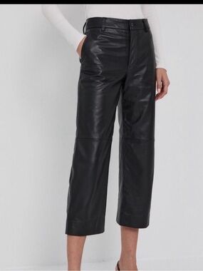 Ralph Lauren Black 100% Leather  cropped Wide-Leg Trousers